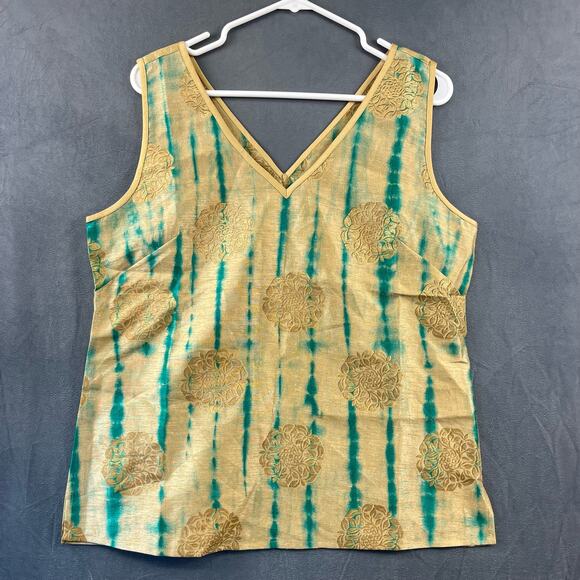 Julie Miles Blouse Women's Medium Gold Green Embossed Floral Sleeveless Princess - Picture 1 of 7